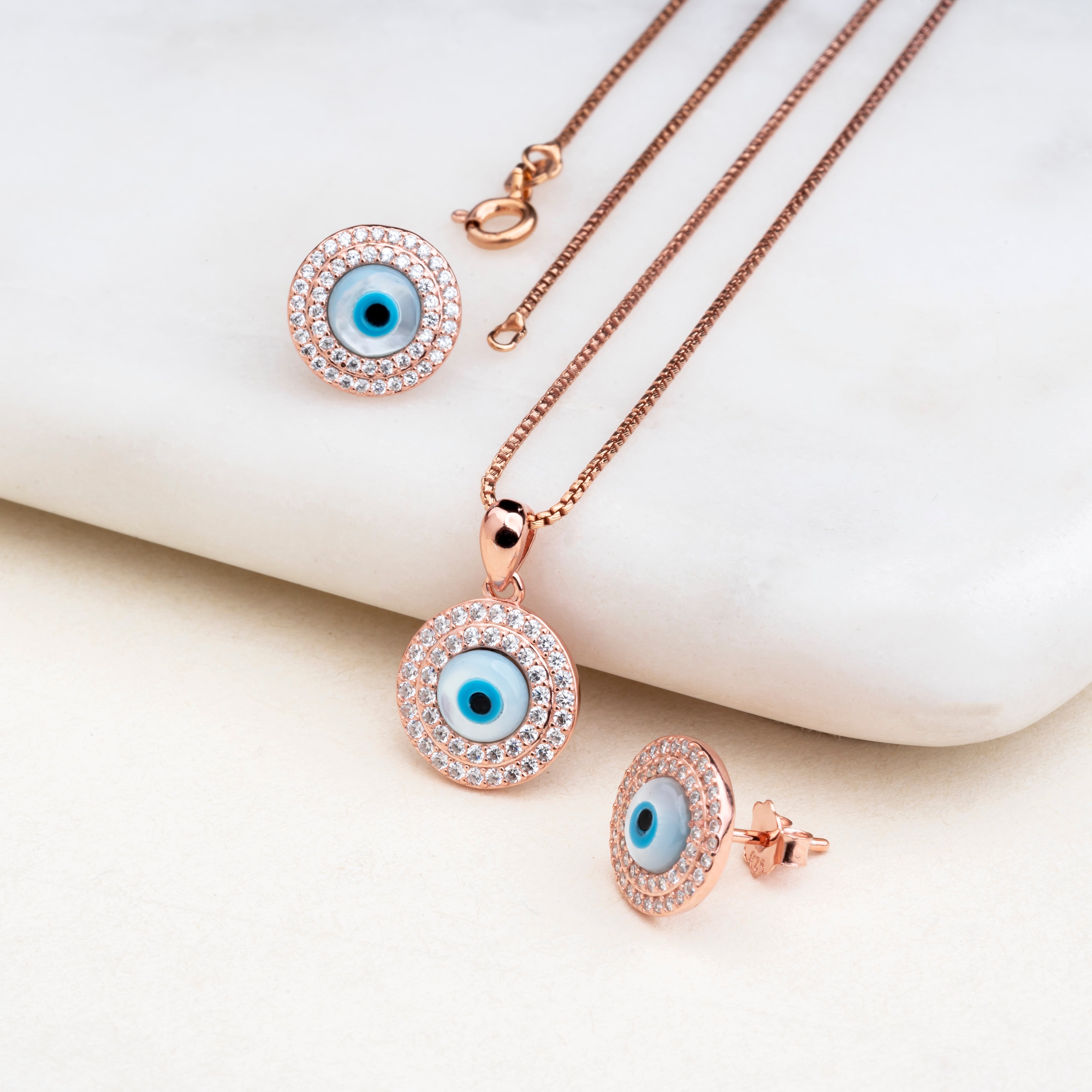 Silver Rose Evil Eye Pendant Set