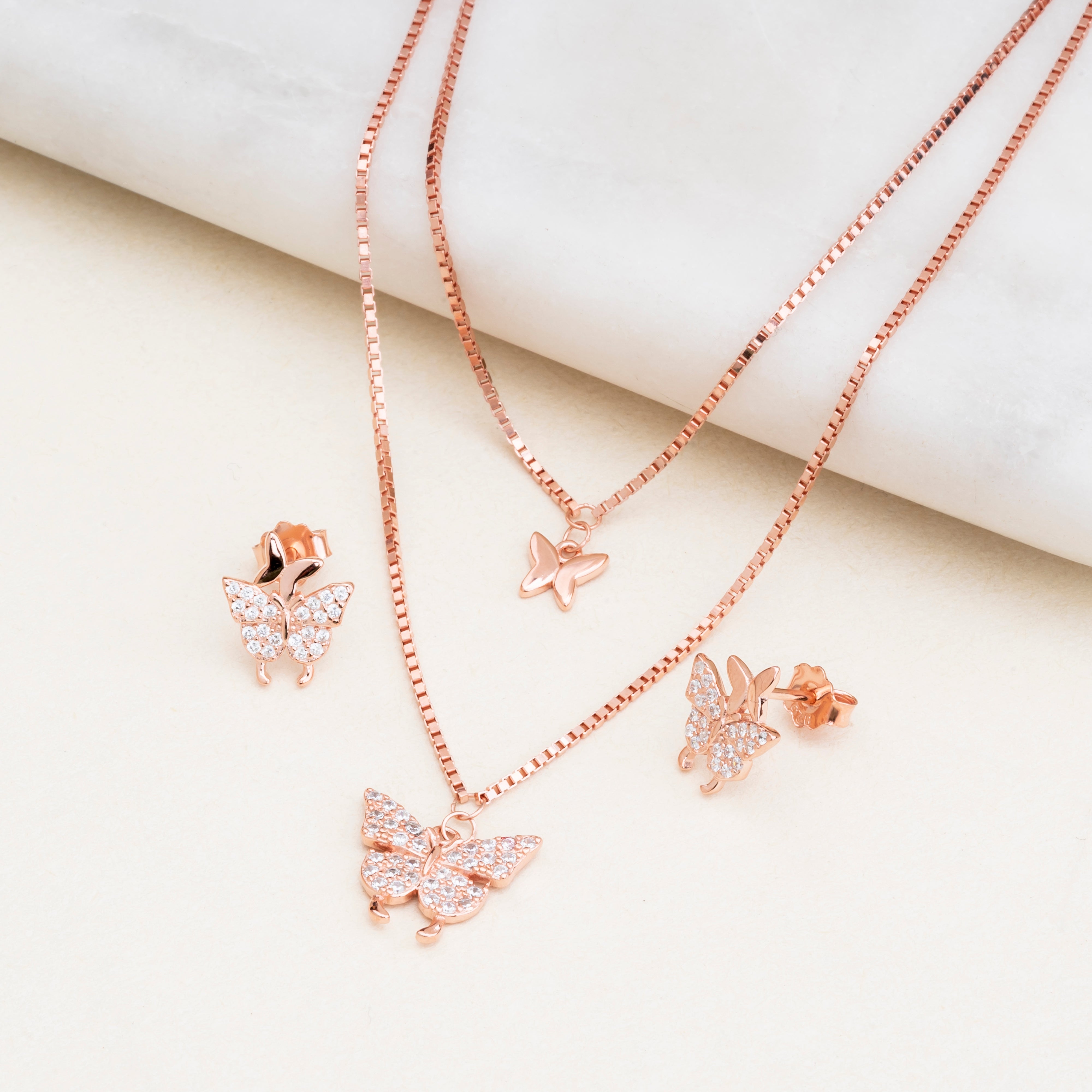 Rose Silver Two Layer Butterfly Necklace