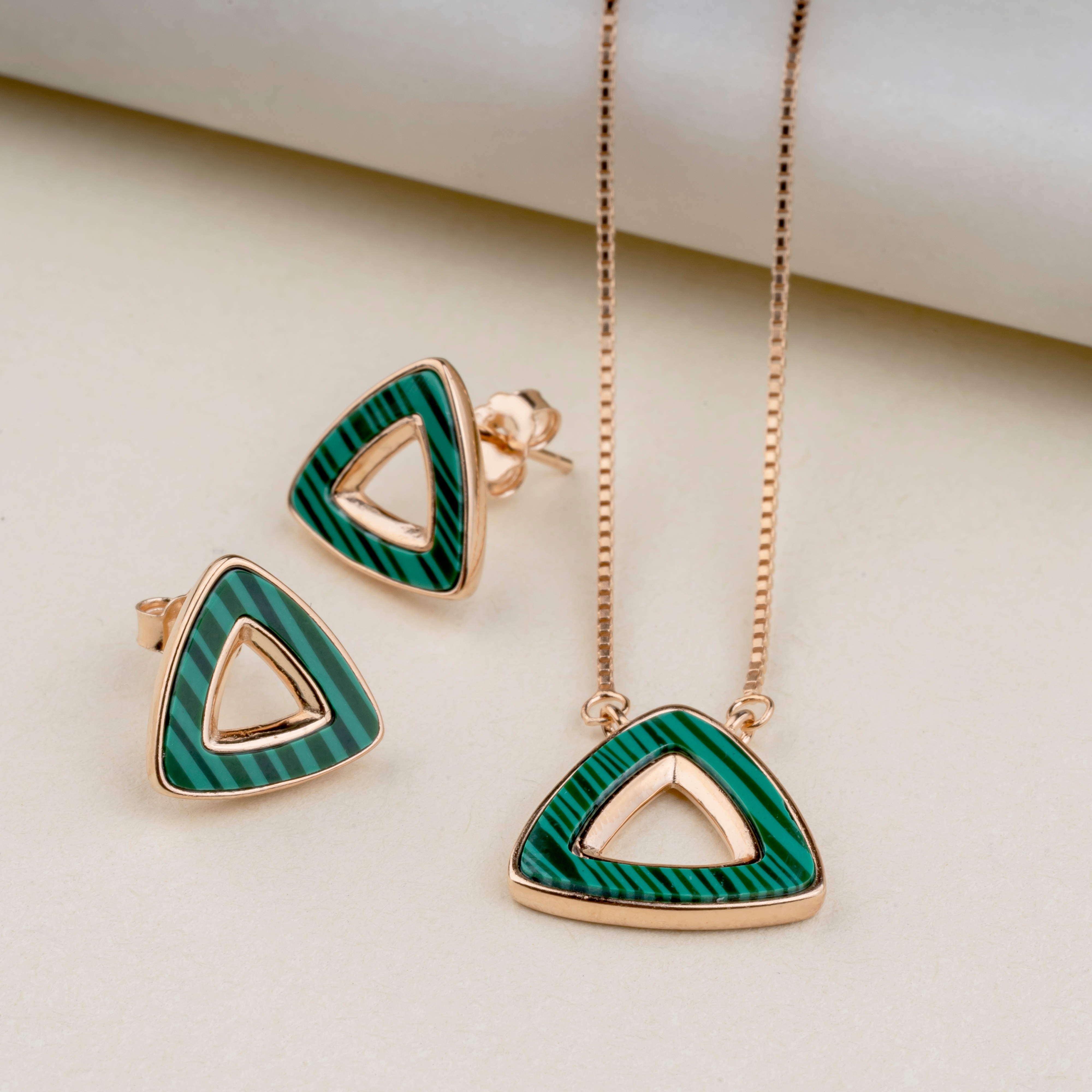 Silver Rose Green triangle Pendant Sets