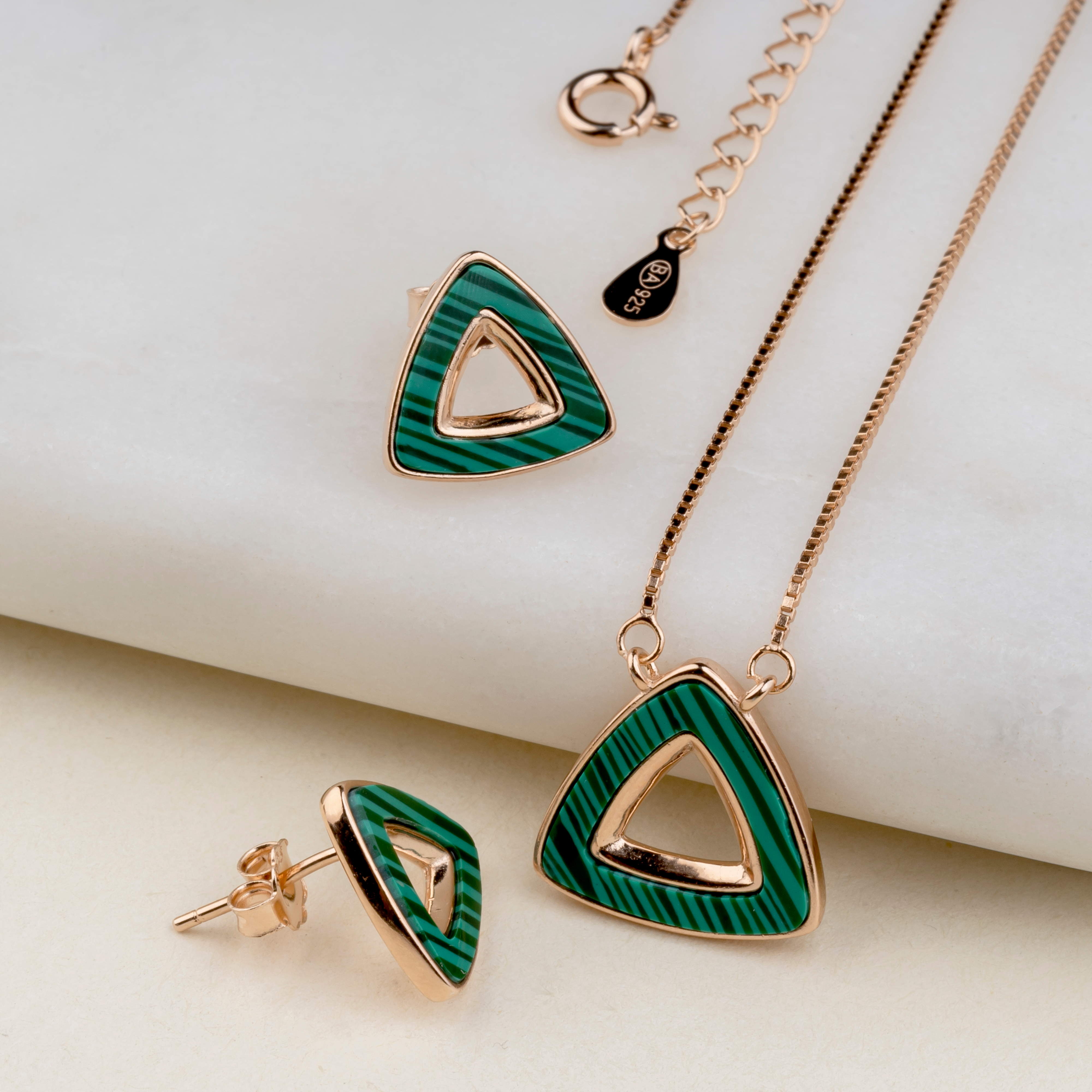 Silver Rose Green Triangle Pendant Sets