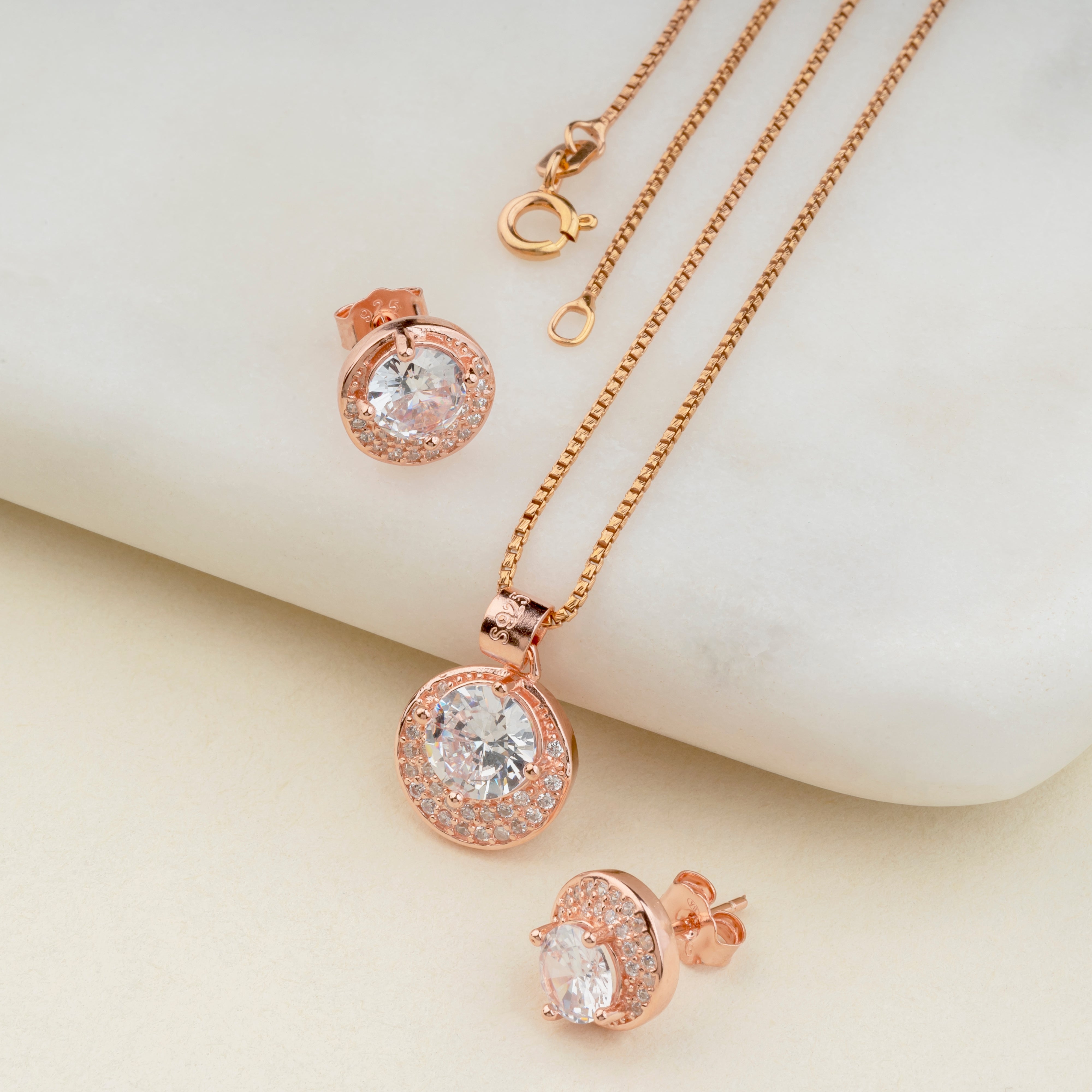 Silver Rose Solitaire Pendant Set