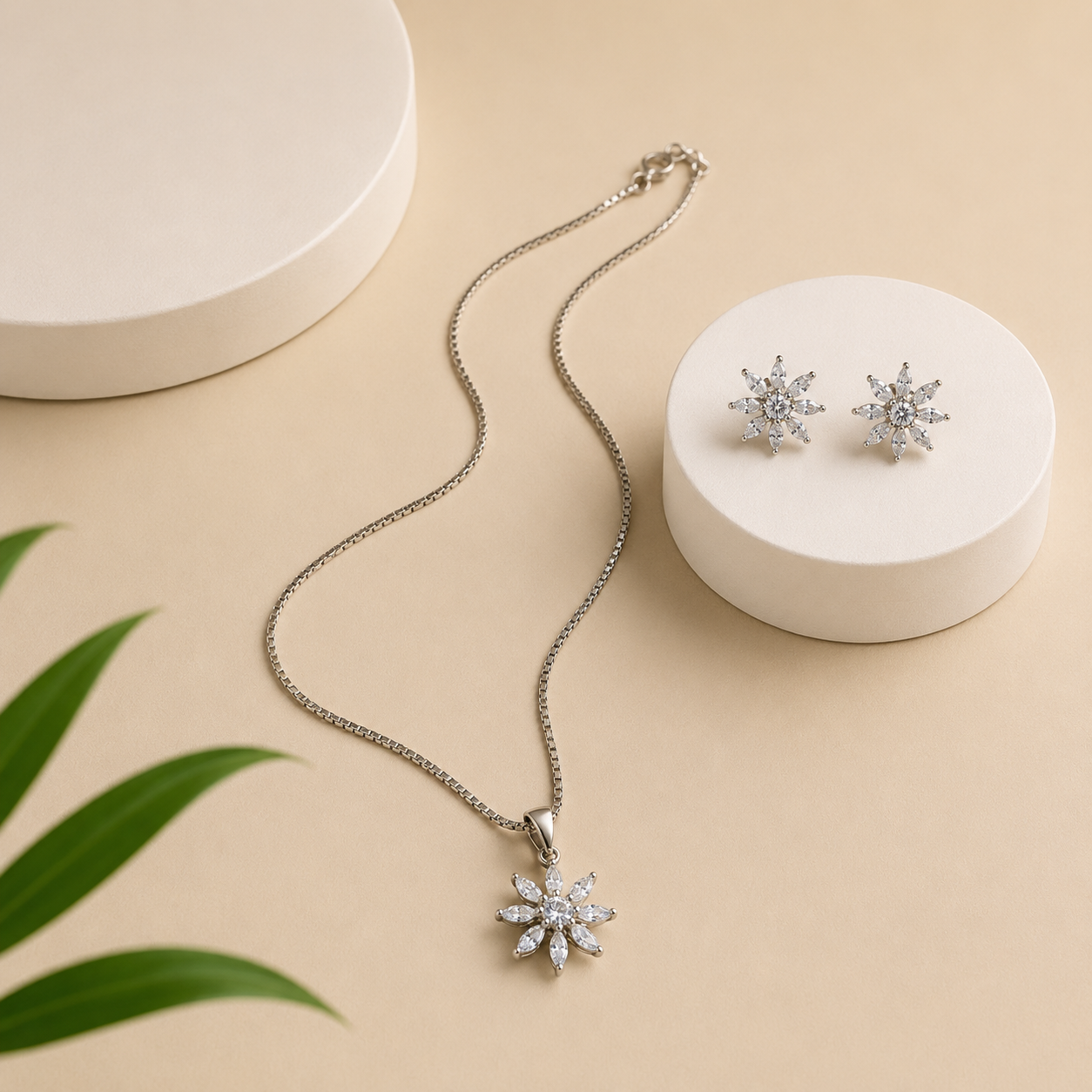 Silver Celestial Bloom Snowflake Pendant Set