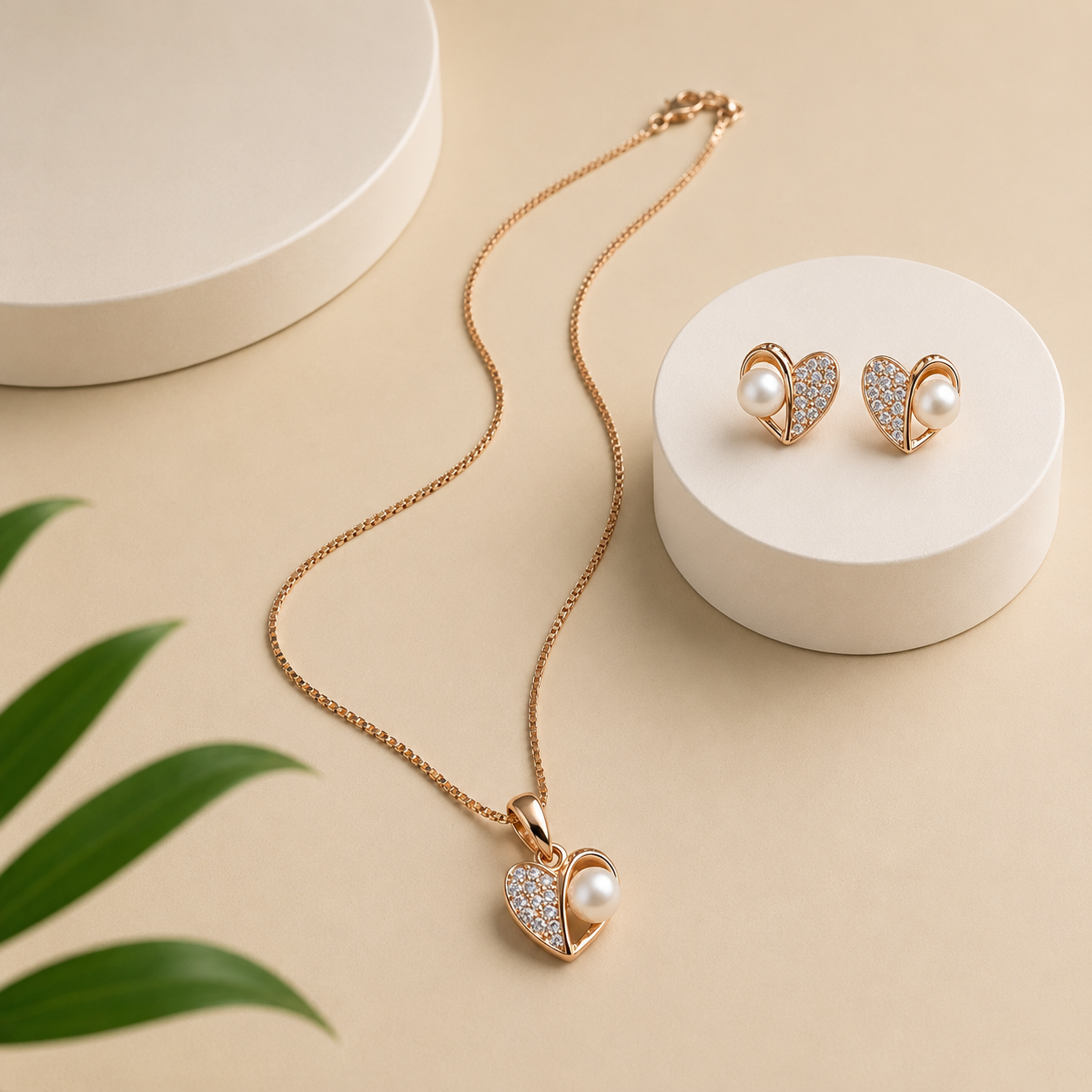 Silver Rose Pearl Embrace Heart Pendant Set