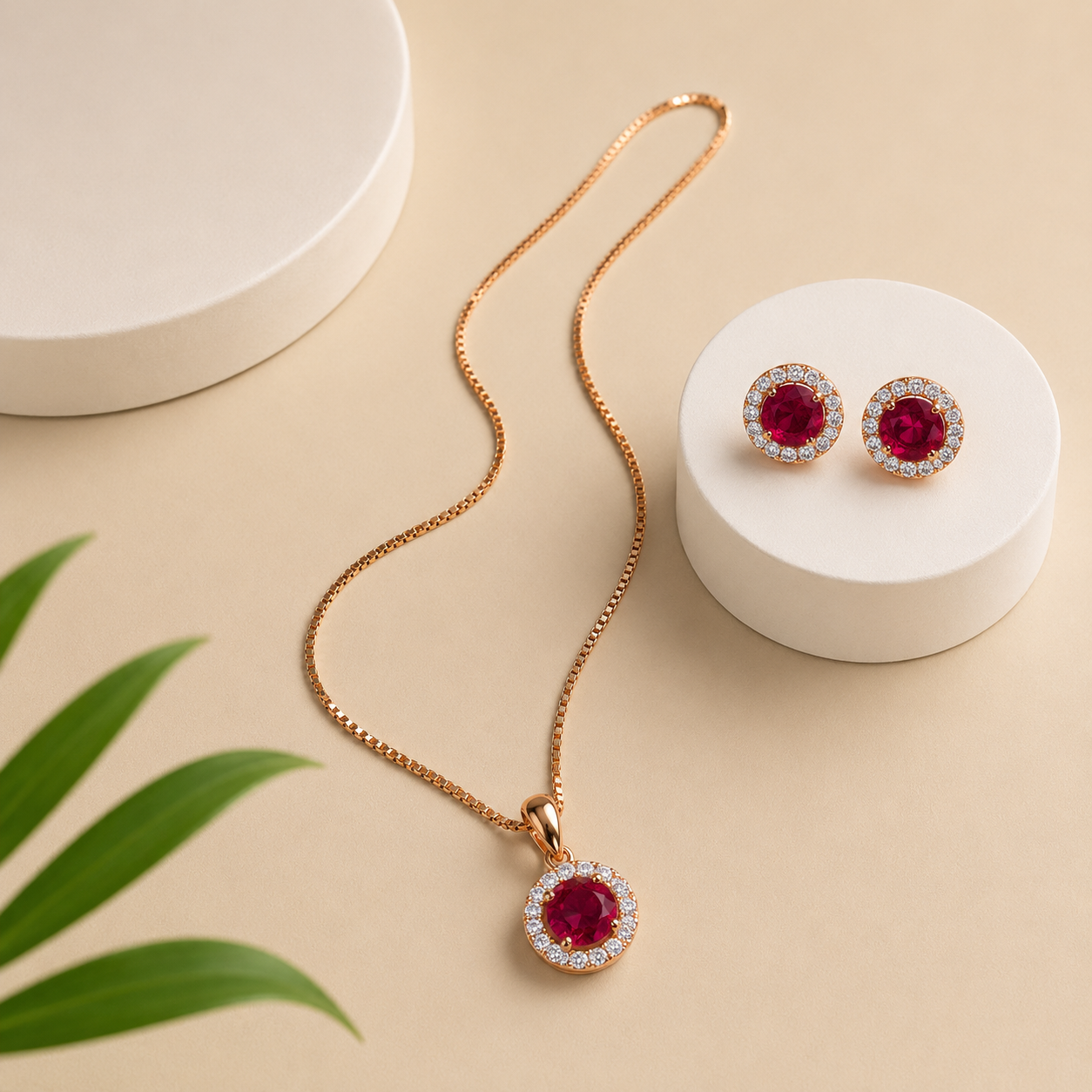 Silver Rose Ruby Halo Pendant Set