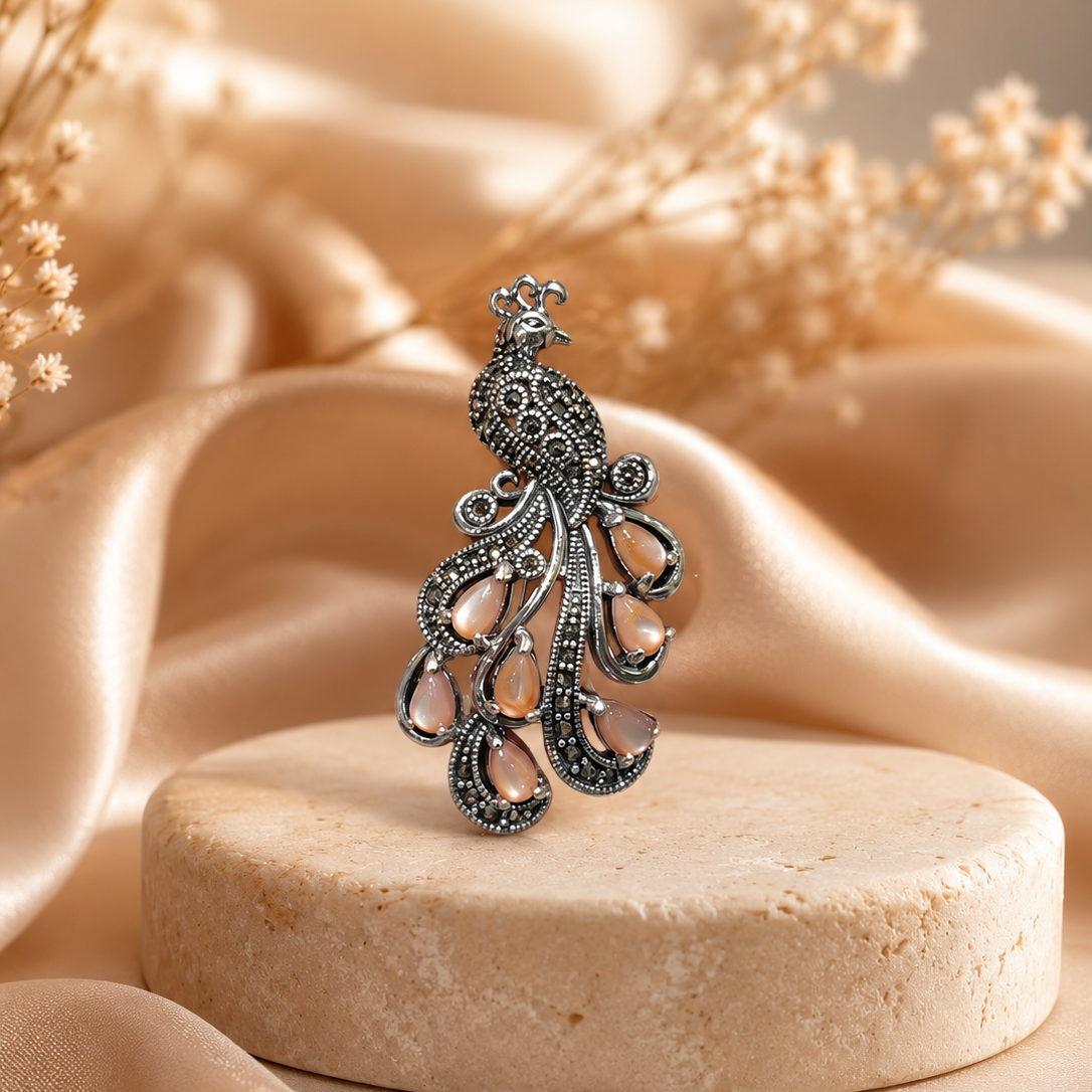 Royal Peacock Pink Stone 92.5 Silver Brooch