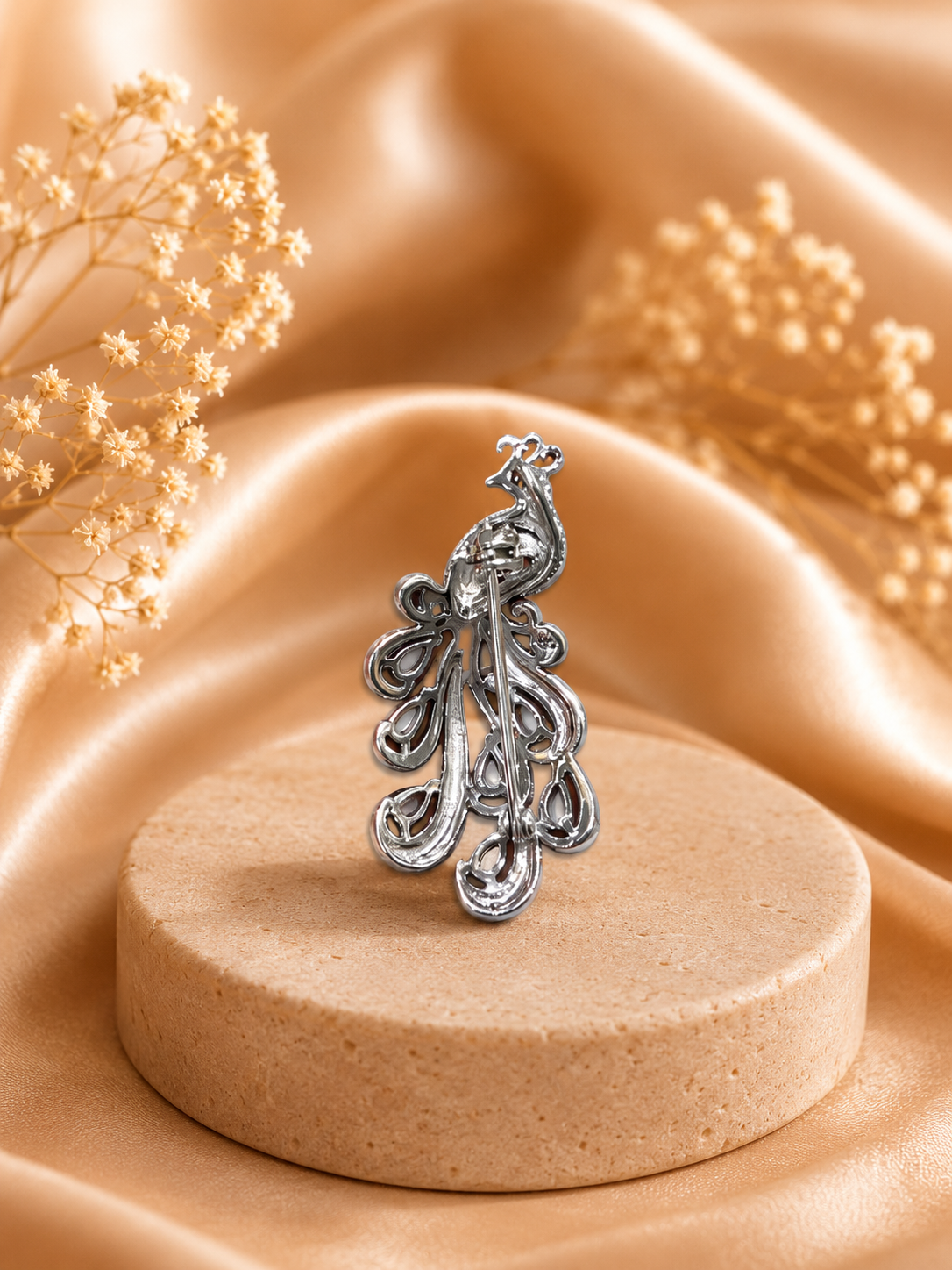 Royal Peacock Pink Stone 92.5 Silver Brooch