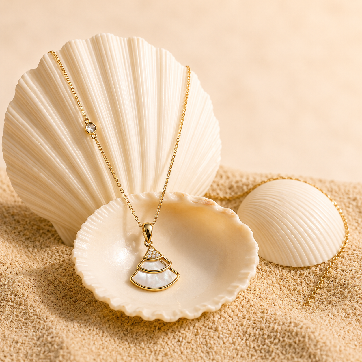 Silver Gold Mother of Pearl Fan Chain Set