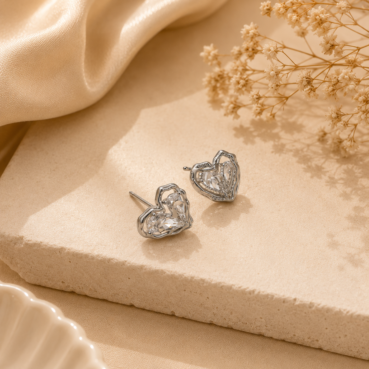 Silver Crinkled Heart Studs