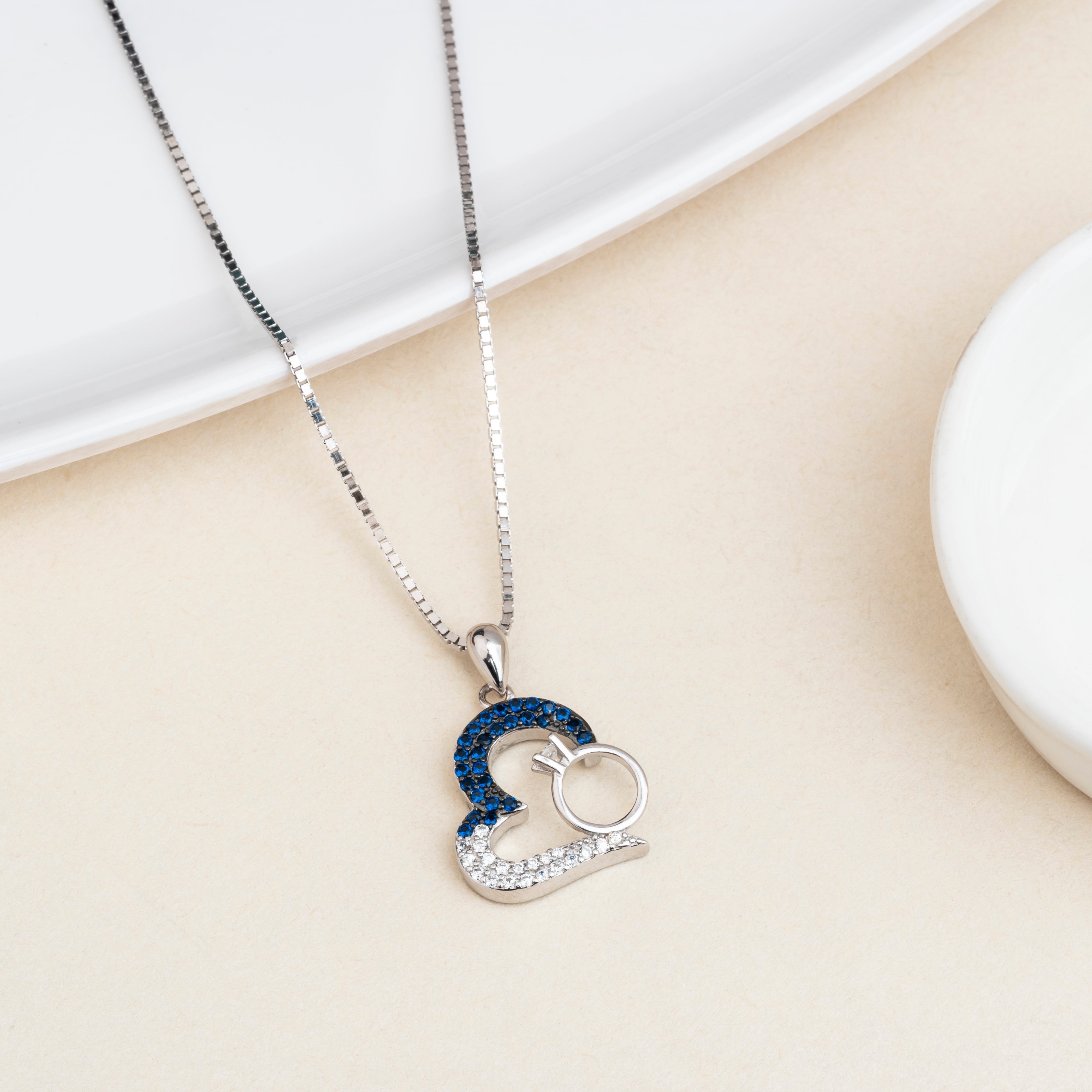 Silver Blue Heart With Ring Chain