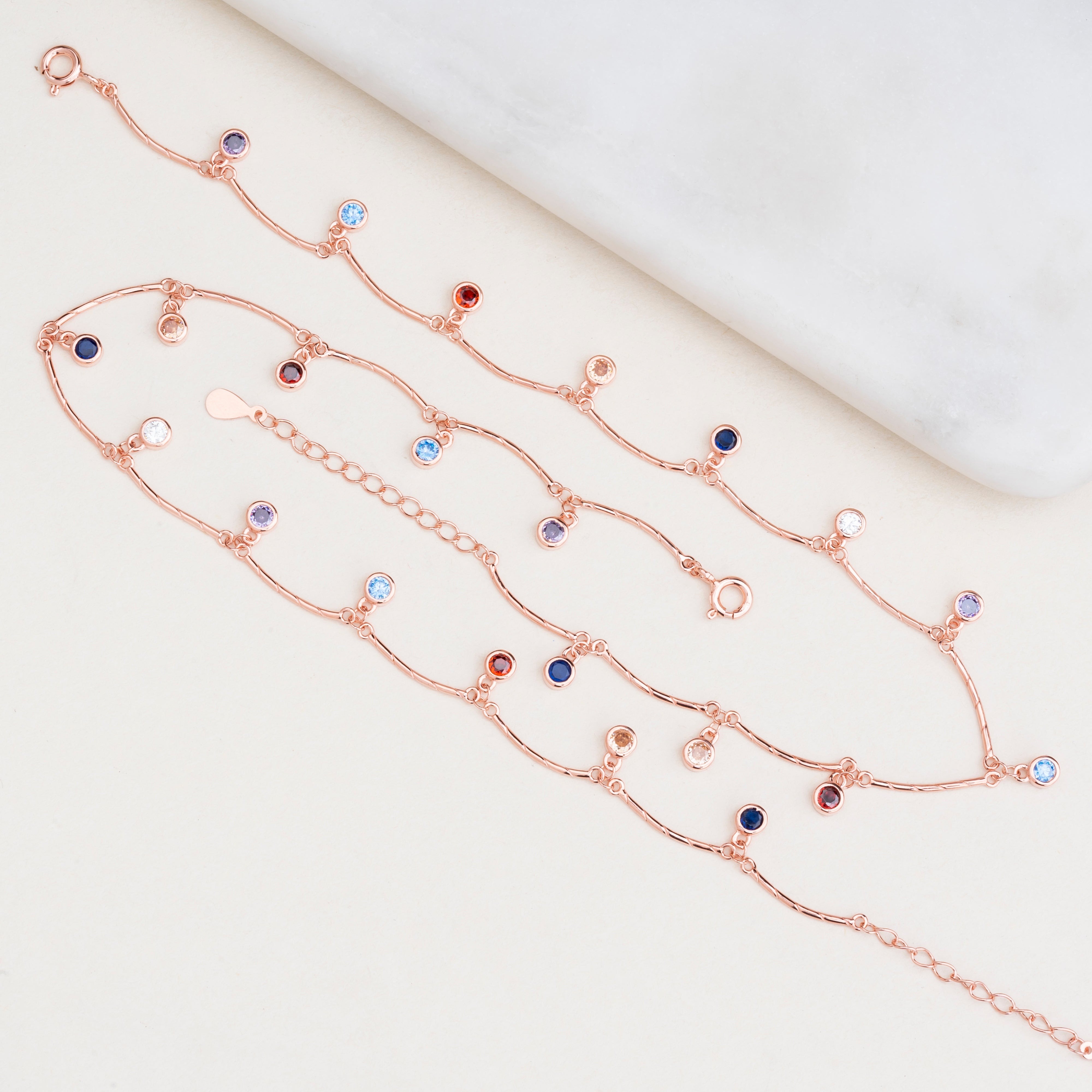 Silver Rose Round Multi Colour stone Anklet