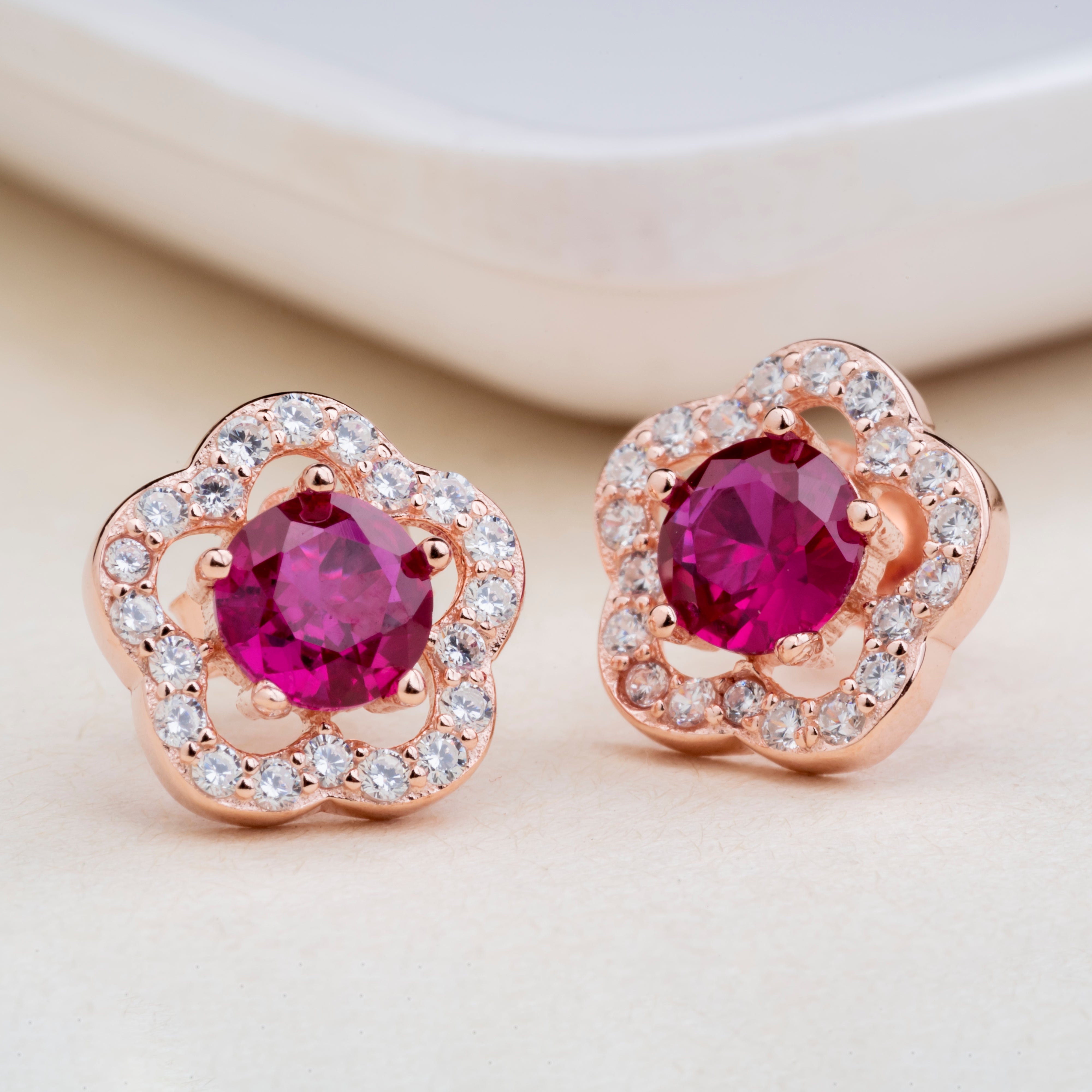Silver Rose Ruby Flower Earrings