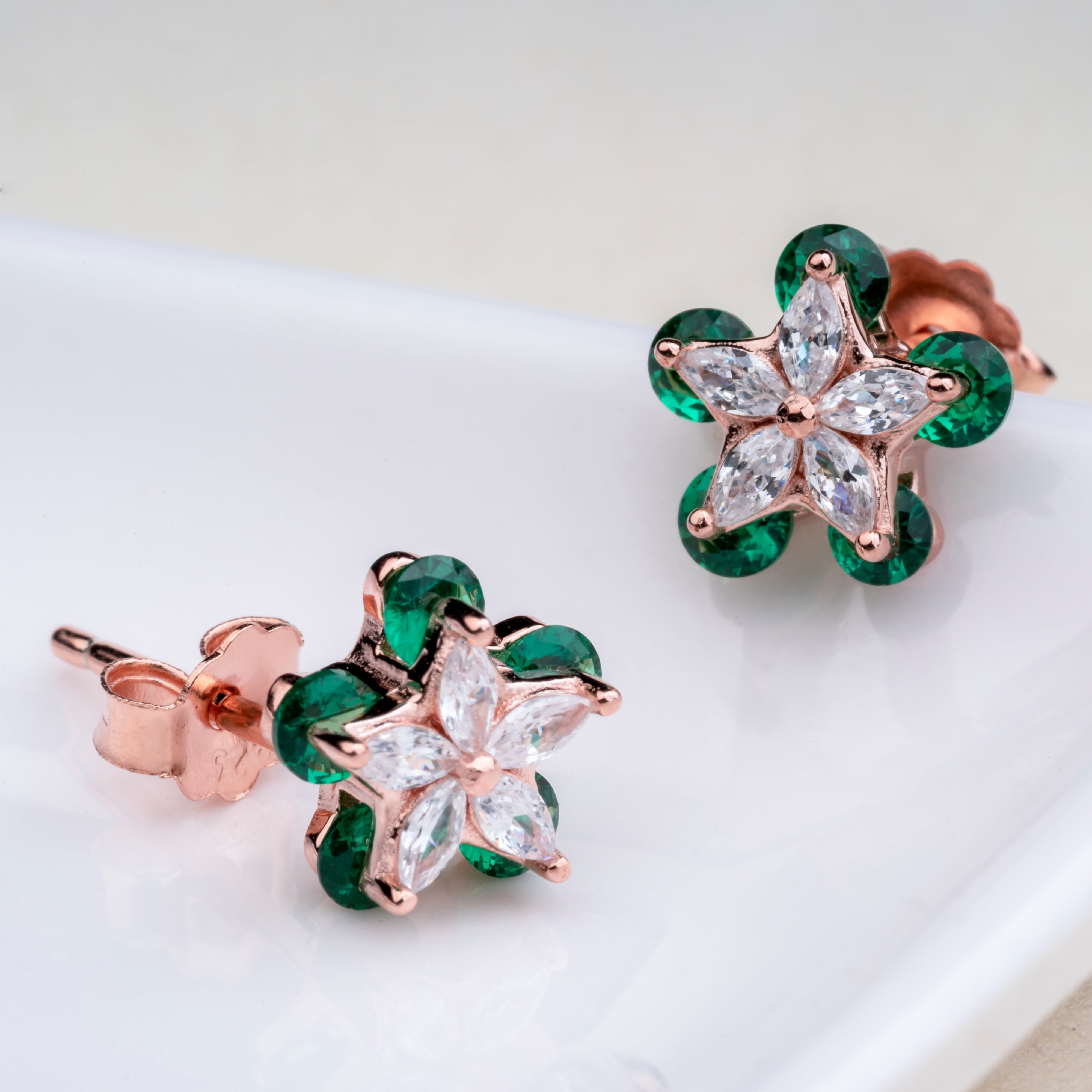 Silver Rose Green Flower Earrings
