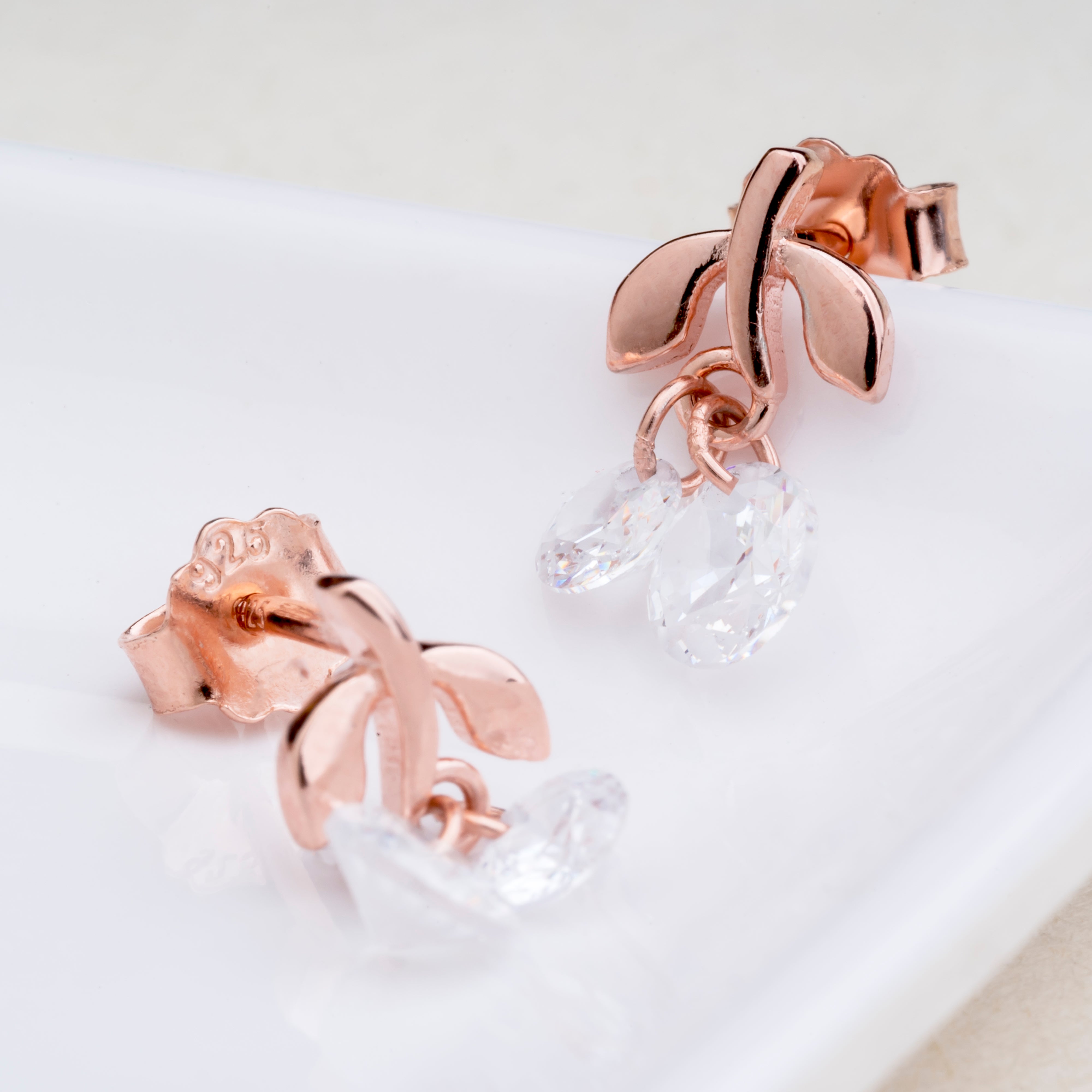 Silver Rose Leaf Charm Stud Earrings