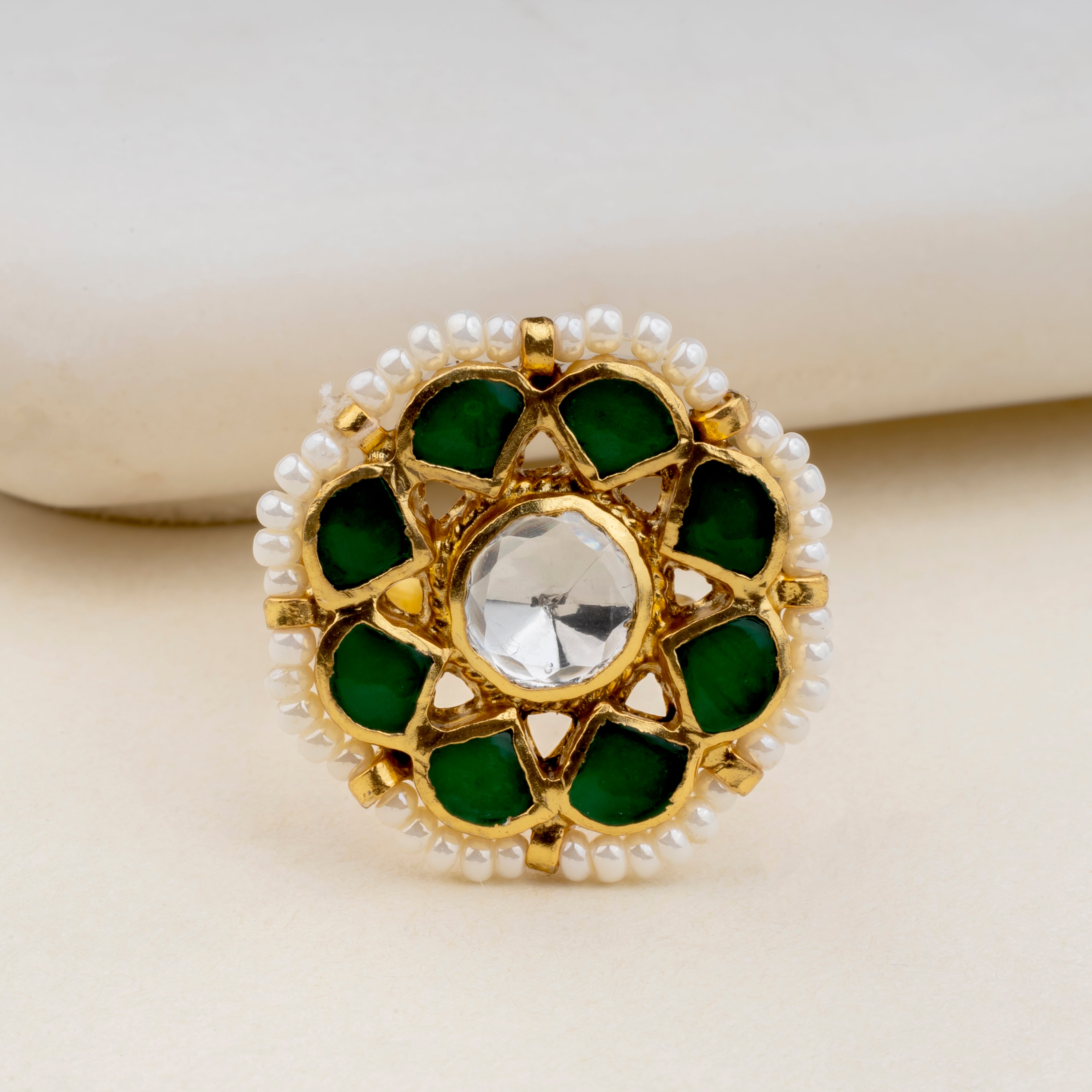 Silver Round Green Kundan Ring