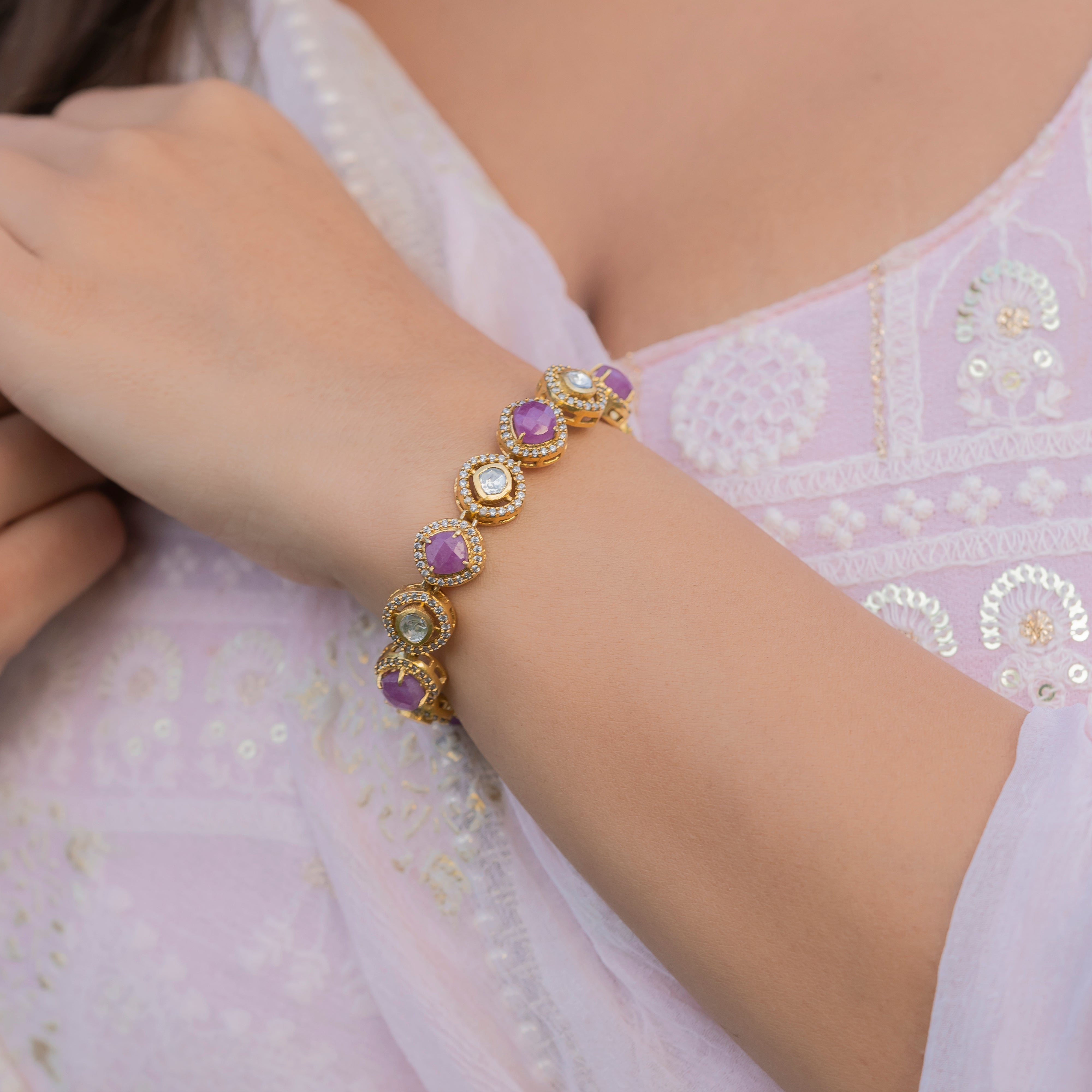 Buy OOMPH Jewellery Kundan & Pearls Hathphool Bracelet Kada with Ring online