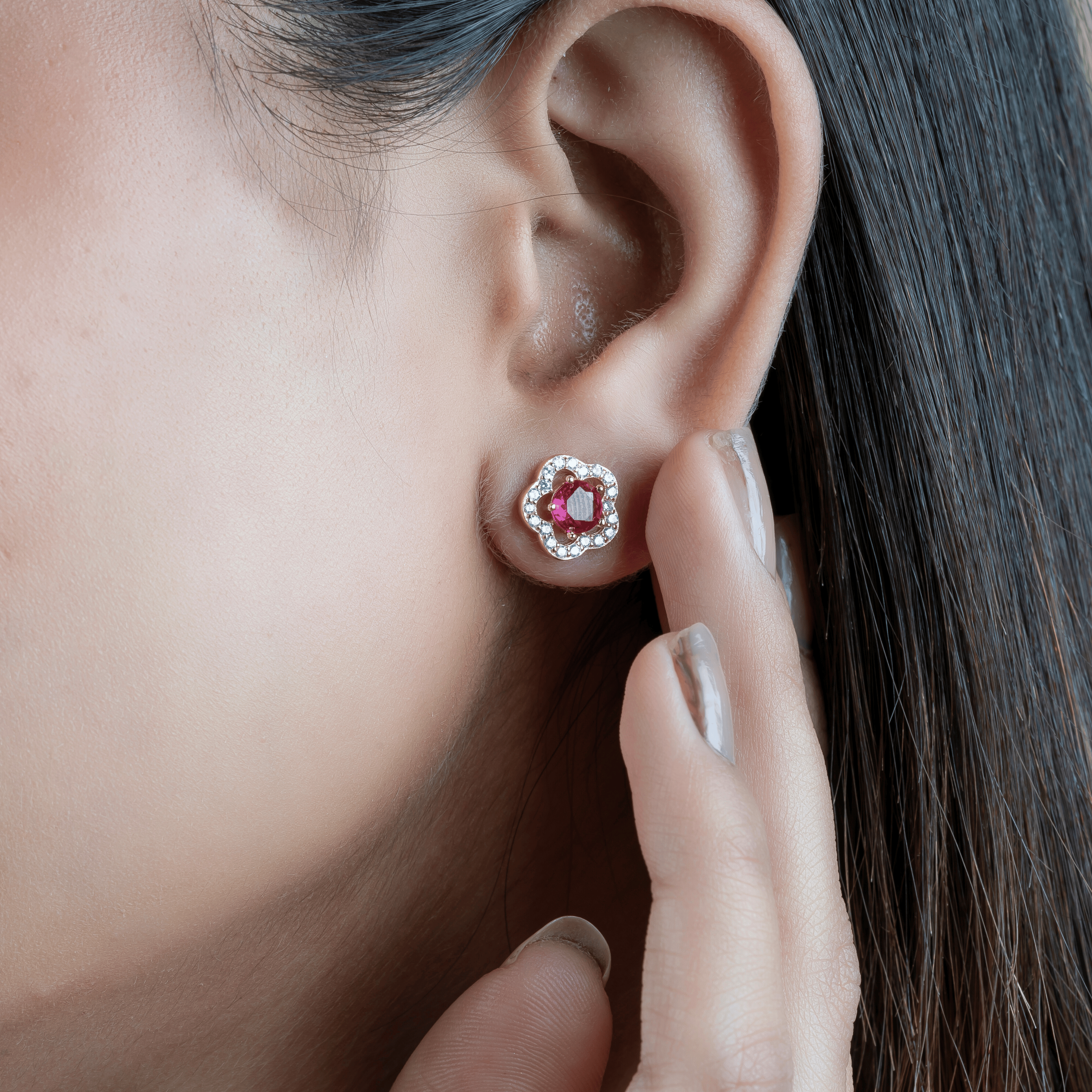 Silver Rose Ruby Flower Earrings